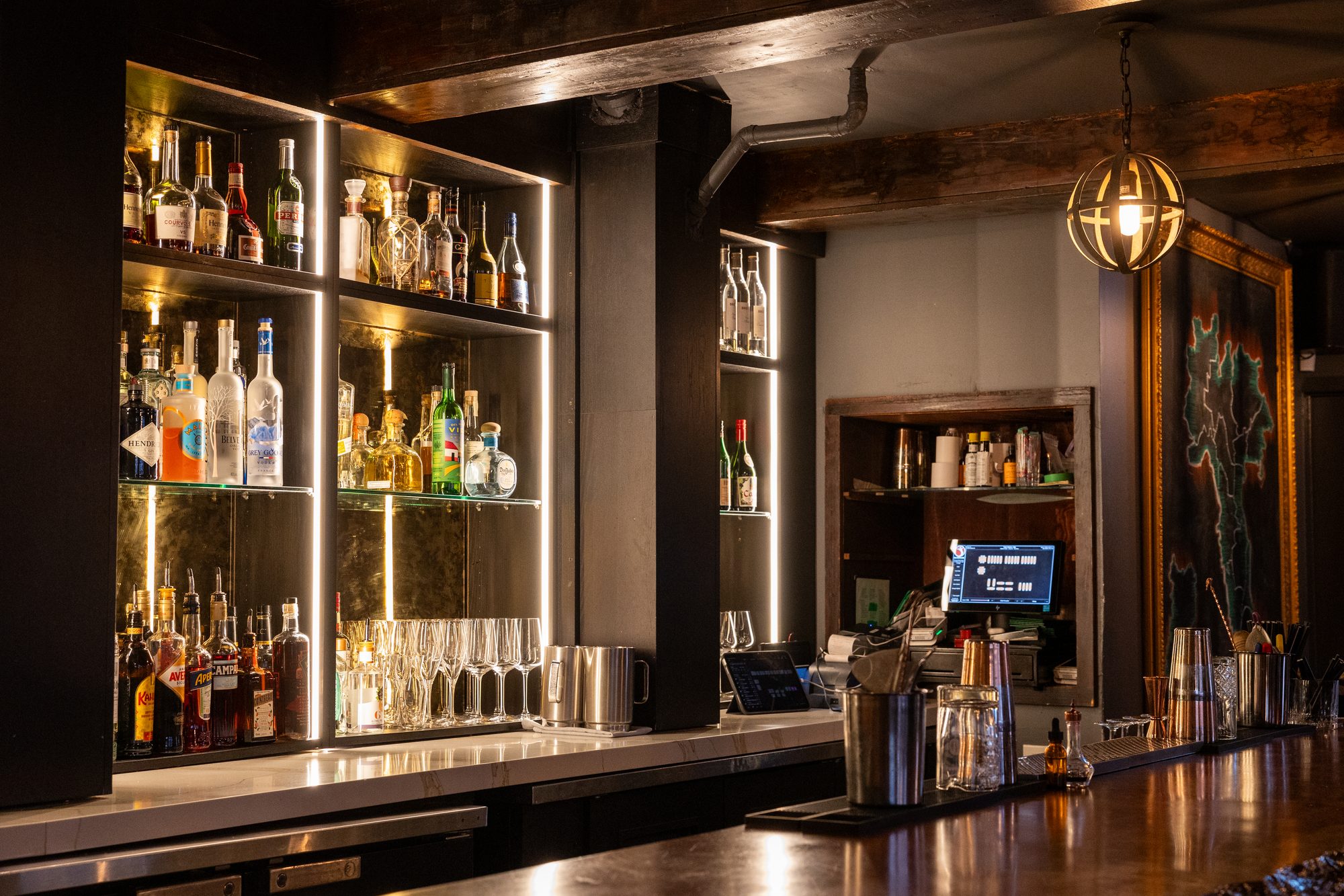 The back bar at Tulia Osteria set up for a cocktail reception